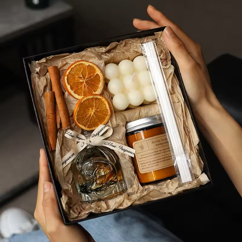 Aromatherapy Gift Box Set – Plant Essential Oil, Candle, and Rattan Diffuser