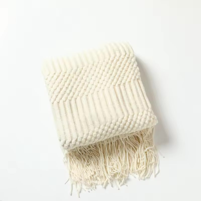 Boho Textured Knitted Throw Blanket – White