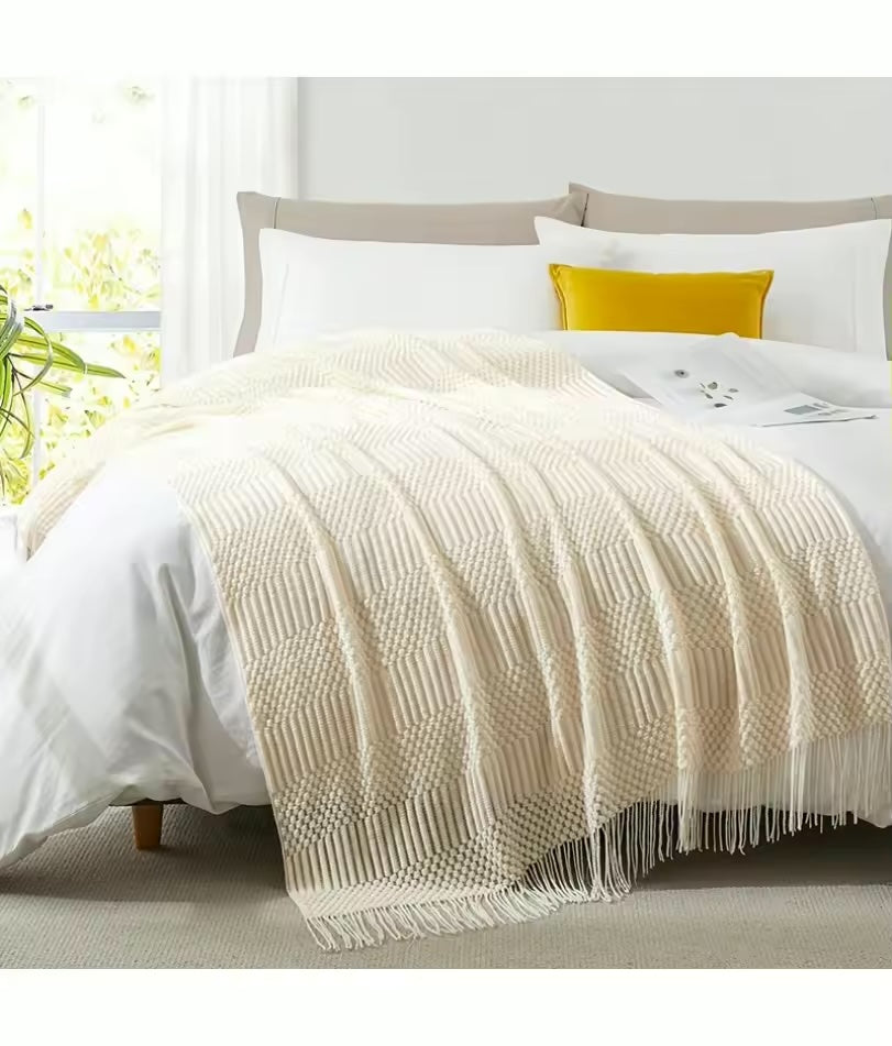 Boho Textured Knitted Throw Blanket – White