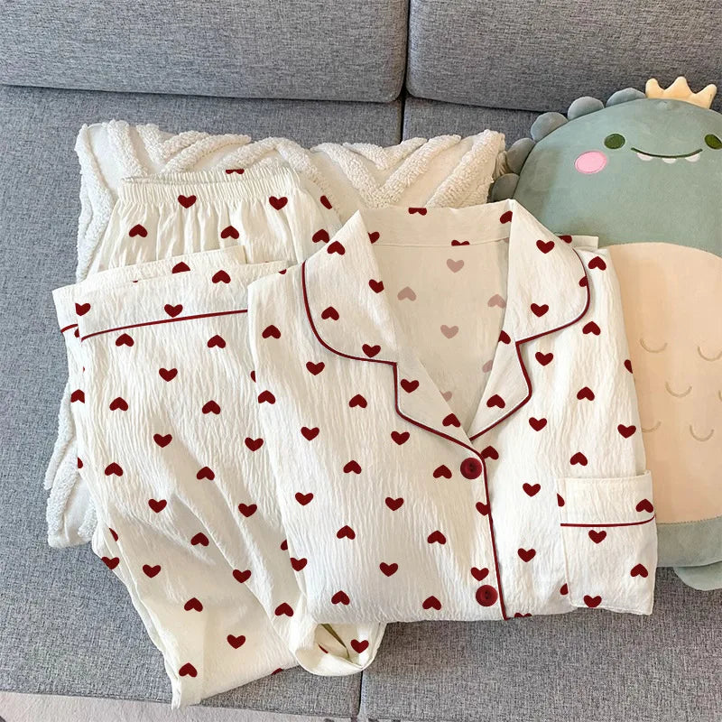 Spring and Autumn New Women's Pajamas Loungewear Set Girl Love Cardigan Pajamas Crinkled Fabric Loungewear Long Sleeve Set