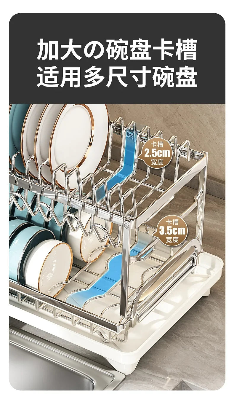 Kitchen Home Countertop Adjustable 2 Tier Stainless Steel Dish Drying Rack Plates Bowl Organizer Drainer Storage Rack Utensils