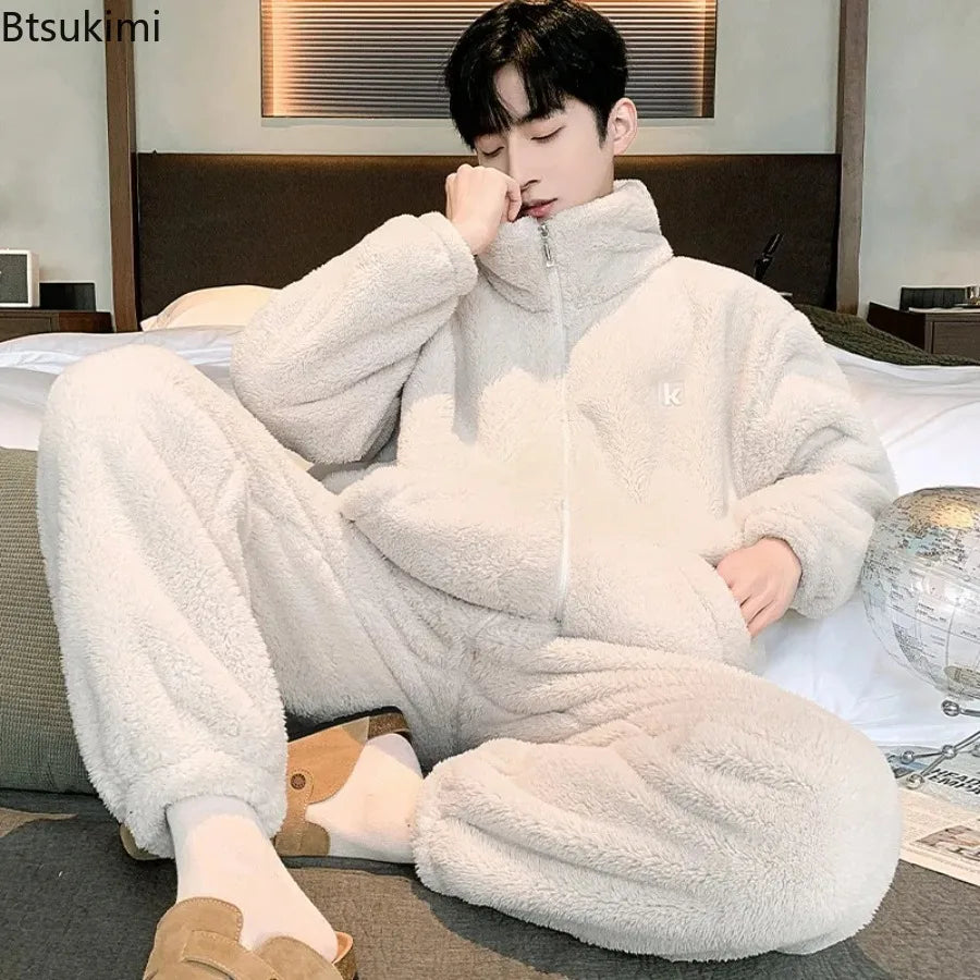 New Men's High Neck Large Size Loose Plush Loungewear Autumn and Winter Thick Warm Flannel Pajamas Can Worn Outside Coral Fleece