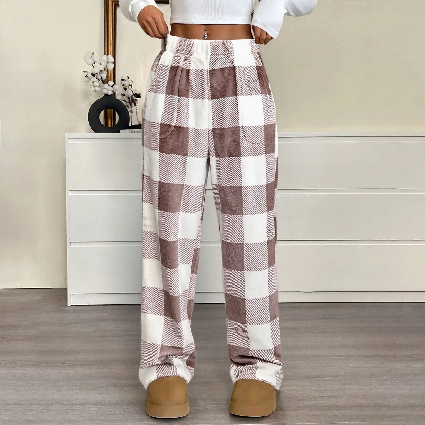 Elastic Waist Wide Leg Nightwear Trousers Fashion Plaid Long Pajama Pants Leisure Comfy Winter Warm Loungewear for Lady 2025