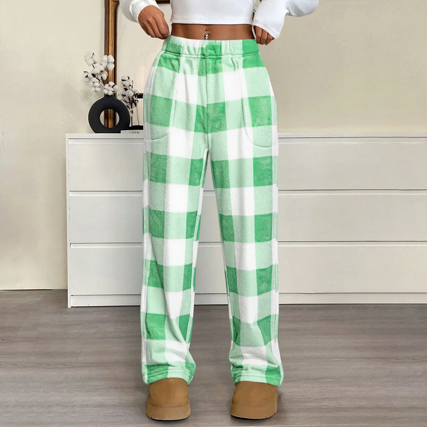 Elastic Waist Wide Leg Nightwear Trousers Fashion Plaid Long Pajama Pants Leisure Comfy Winter Warm Loungewear for Lady 2025