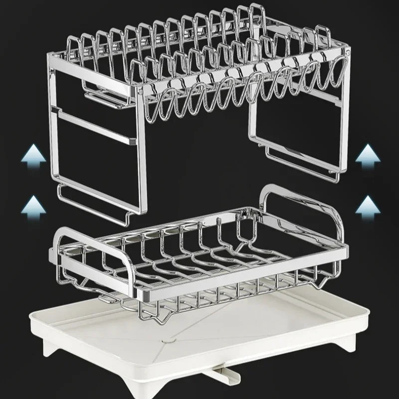 Kitchen Home Countertop Adjustable 2 Tier Stainless Steel Dish Drying Rack Plates Bowl Organizer Drainer Storage Rack Utensils