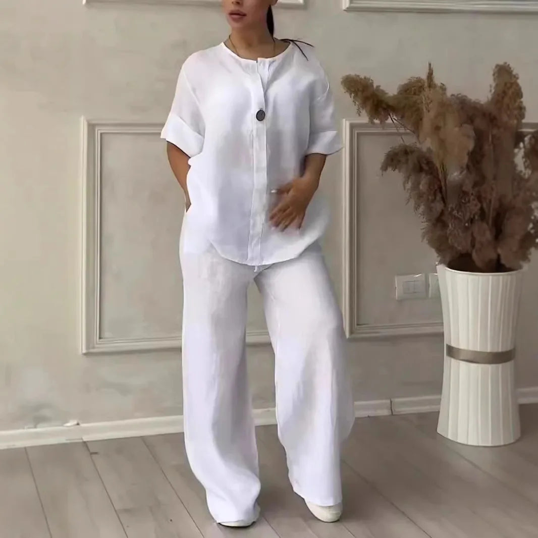 Comfortable Loose Cotton Linen Women's two pieces set Top Wide Leg Pants Casual Fashion Set Suits Spring Summer Wear Outfits