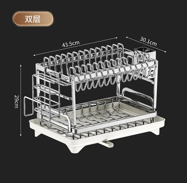 Kitchen Home Countertop Adjustable 2 Tier Stainless Steel Dish Drying Rack Plates Bowl Organizer Drainer Storage Rack Utensils