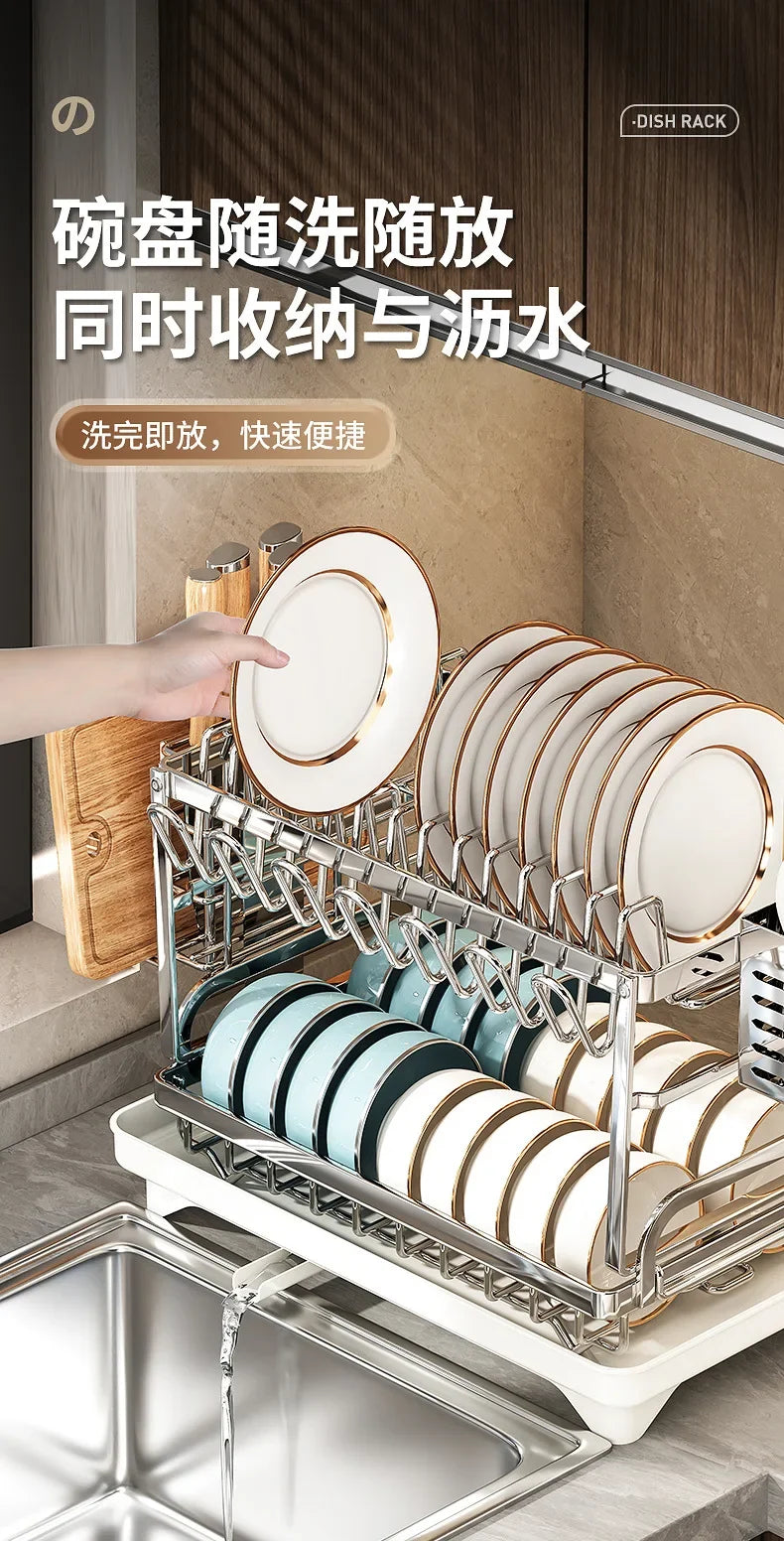 Kitchen Home Countertop Adjustable 2 Tier Stainless Steel Dish Drying Rack Plates Bowl Organizer Drainer Storage Rack Utensils