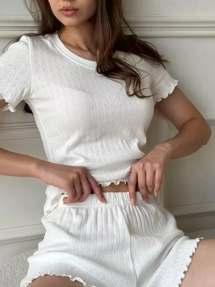 American-Style Fashion Women's Loungewear Set Jacquard Lace Trim Slim-Fit Elegant Homewear Short-Sleeved Top and Shorts Set