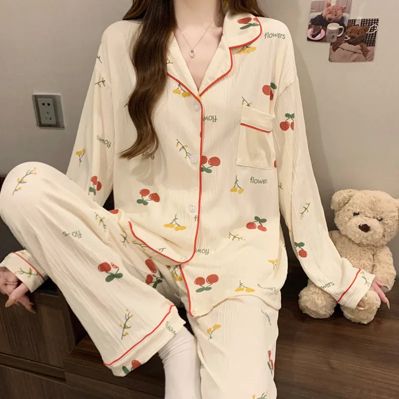 Spring and Autumn New Women's Pajamas Loungewear Set Girl Love Cardigan Pajamas Crinkled Fabric Loungewear Long Sleeve Set