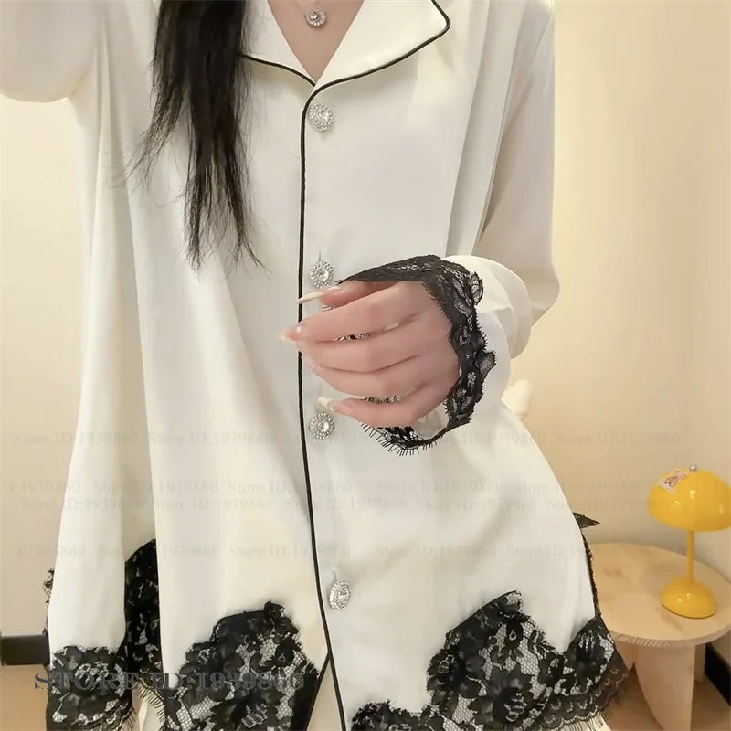Elegant Female Long Sleeve Pajamas Set Lounge Wear Sexy Patchwork Lace Sleepwear Pijama Suit Loose Silk Satin Nightwear Pyjama