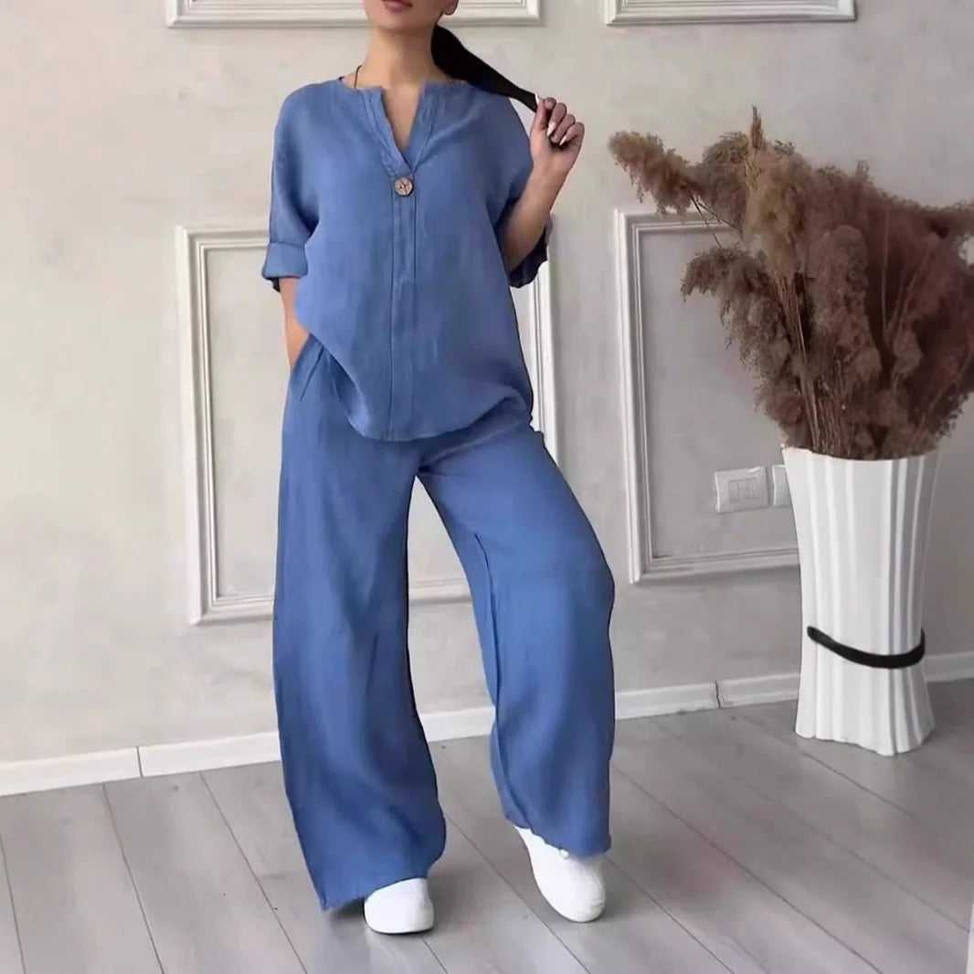 Comfortable Loose Cotton Linen Women's two pieces set Top Wide Leg Pants Casual Fashion Set Suits Spring Summer Wear Outfits