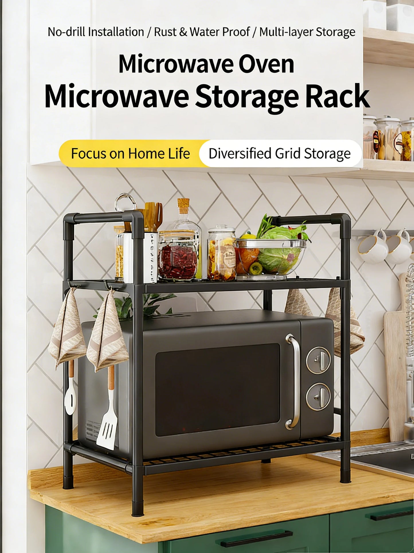 Kitchen Storage Rack Kitchen counter shelf Microwave Shelf Condiment Organizer Shelf Simple Countertop Tidying Shelves with Hook