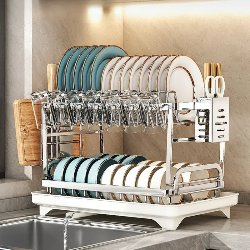 Kitchen Home Countertop Adjustable 2 Tier Stainless Steel Dish Drying Rack Plates Bowl Organizer Drainer Storage Rack Utensils