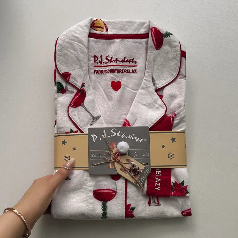 Cute Cartoon Sleepwear Long Sleeve Top Pant Soft Cotton Pajamas Suit 2Pcs Embroider Letter Homewear Lady Autumn Loungewear