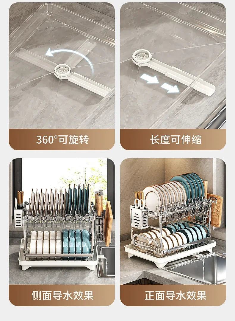 Kitchen Home Countertop Adjustable 2 Tier Stainless Steel Dish Drying Rack Plates Bowl Organizer Drainer Storage Rack Utensils