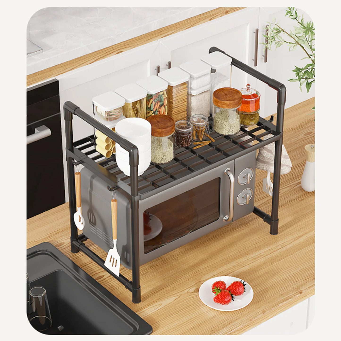 Kitchen Storage Rack Kitchen counter shelf Microwave Shelf Condiment Organizer Shelf Simple Countertop Tidying Shelves with Hook