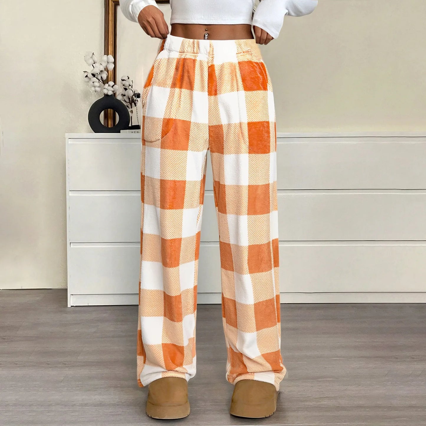 Elastic Waist Wide Leg Nightwear Trousers Fashion Plaid Long Pajama Pants Leisure Comfy Winter Warm Loungewear for Lady 2025