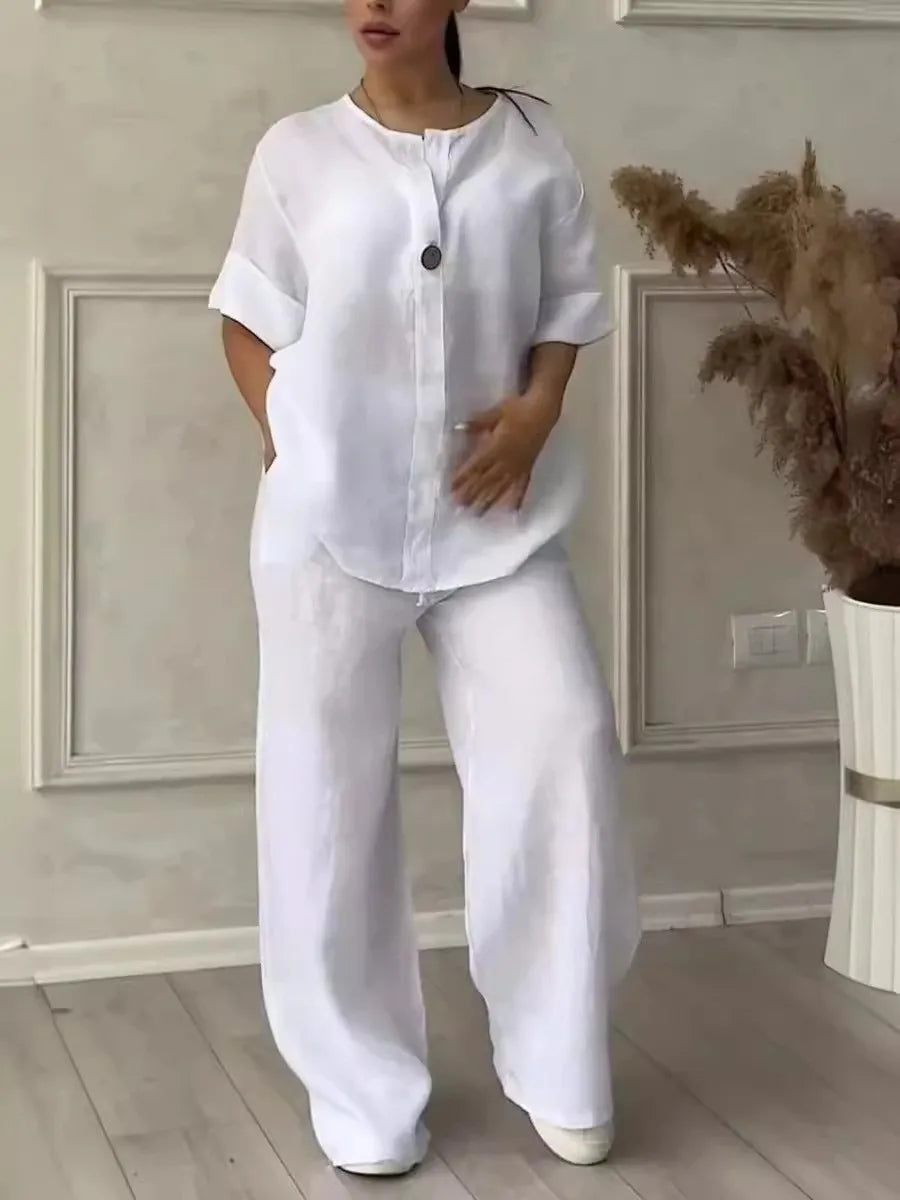 Comfortable Loose Cotton Linen Women's two pieces set Top Wide Leg Pants Casual Fashion Set Suits Spring Summer Wear Outfits