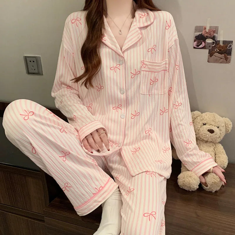 Spring and Autumn New Women's Pajamas Loungewear Set Girl Love Cardigan Pajamas Crinkled Fabric Loungewear Long Sleeve Set