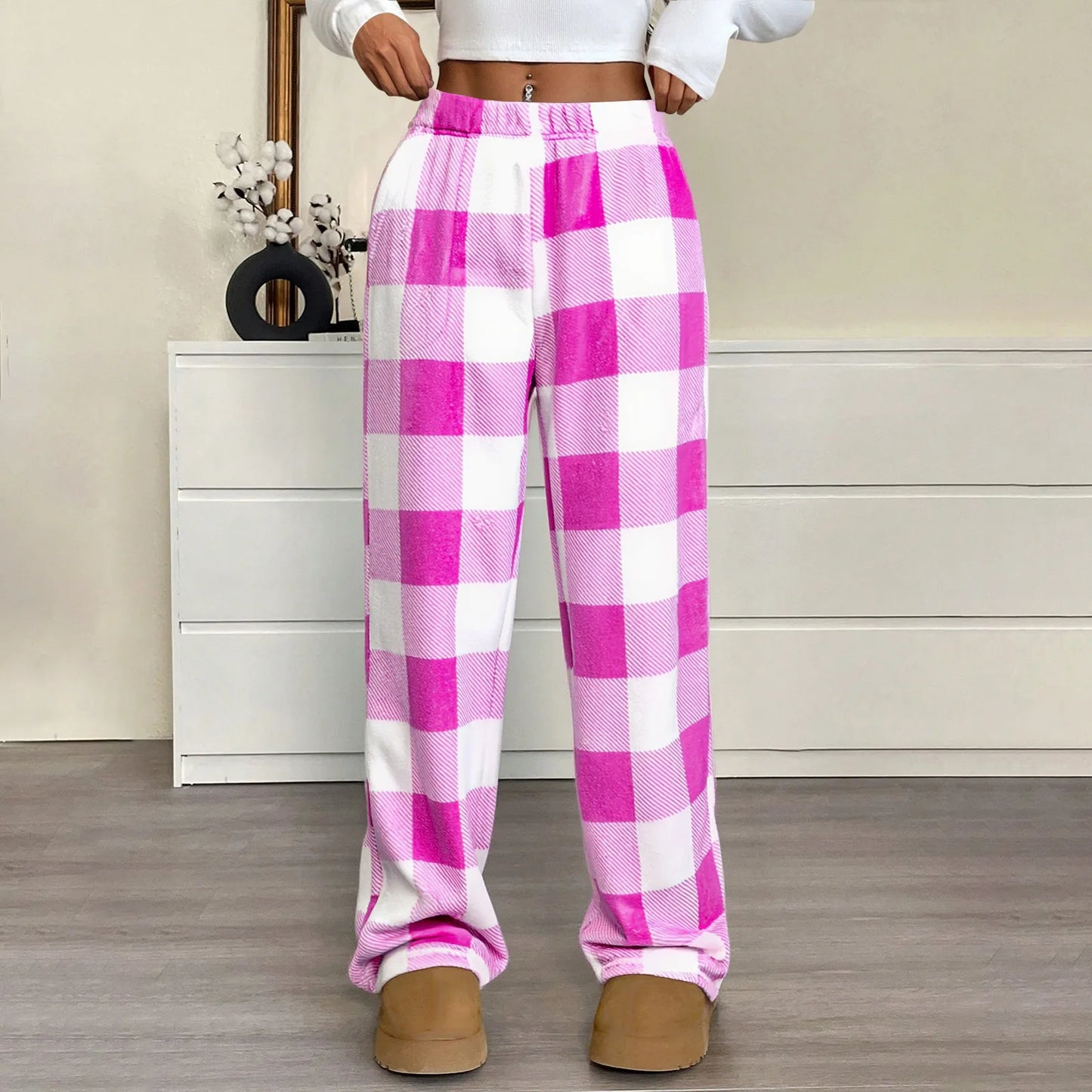 Elastic Waist Wide Leg Nightwear Trousers Fashion Plaid Long Pajama Pants Leisure Comfy Winter Warm Loungewear for Lady 2025