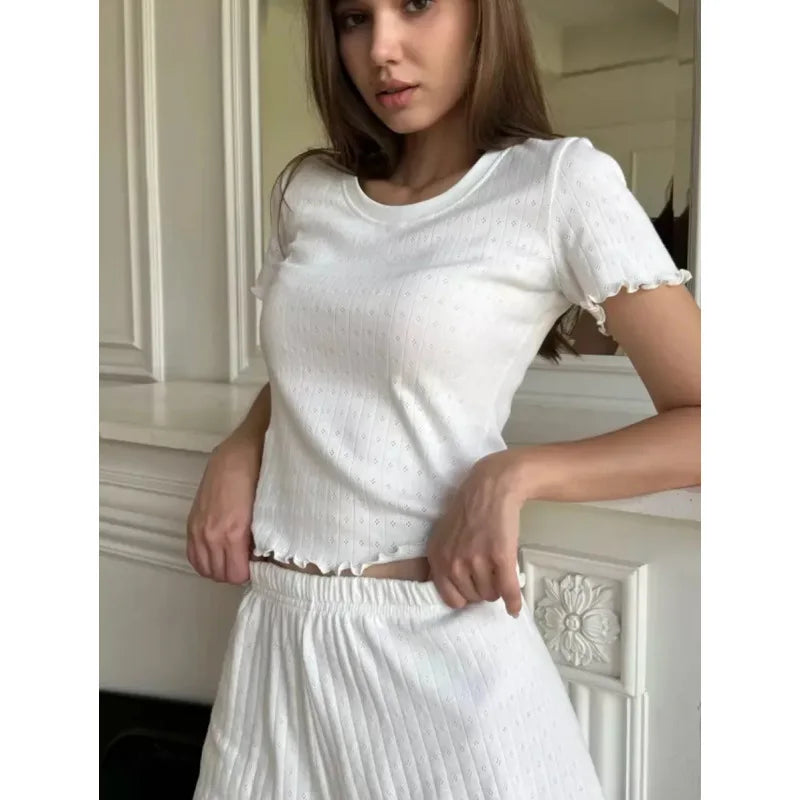 American-Style Fashion Women's Loungewear Set Jacquard Lace Trim Slim-Fit Elegant Homewear Short-Sleeved Top and Shorts Set