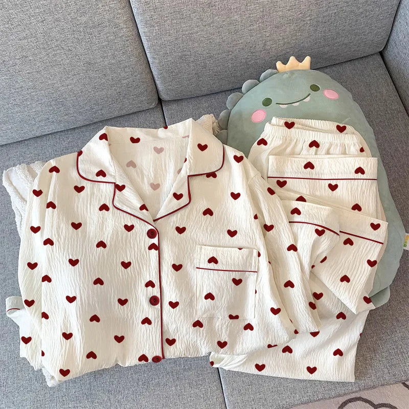 Spring and Autumn New Women's Pajamas Loungewear Set Girl Love Cardigan Pajamas Crinkled Fabric Loungewear Long Sleeve Set