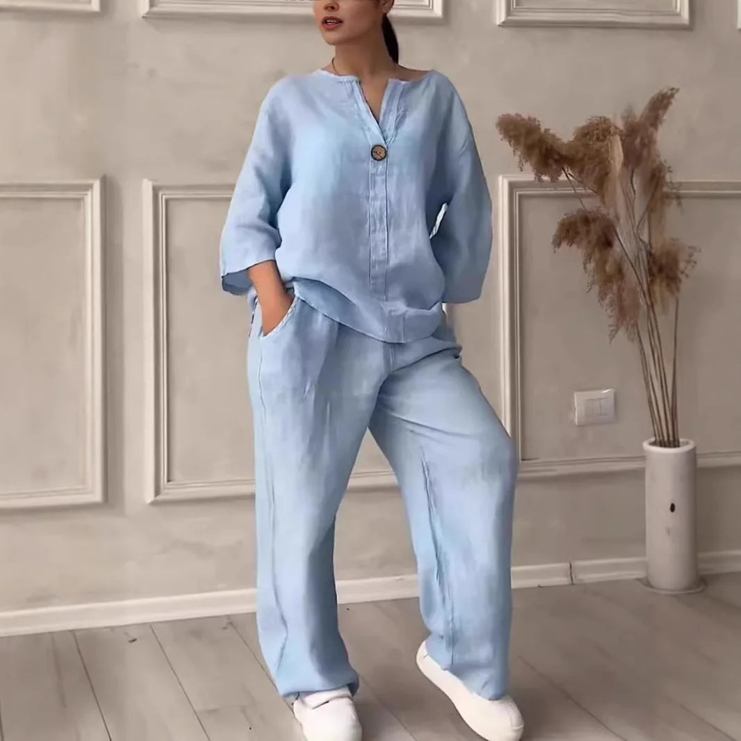 Comfortable Loose Cotton Linen Women's two pieces set Top Wide Leg Pants Casual Fashion Set Suits Spring Summer Wear Outfits