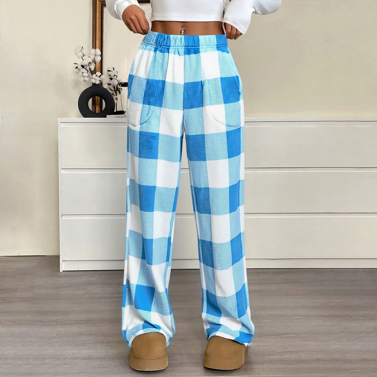 Elastic Waist Wide Leg Nightwear Trousers Fashion Plaid Long Pajama Pants Leisure Comfy Winter Warm Loungewear for Lady 2025