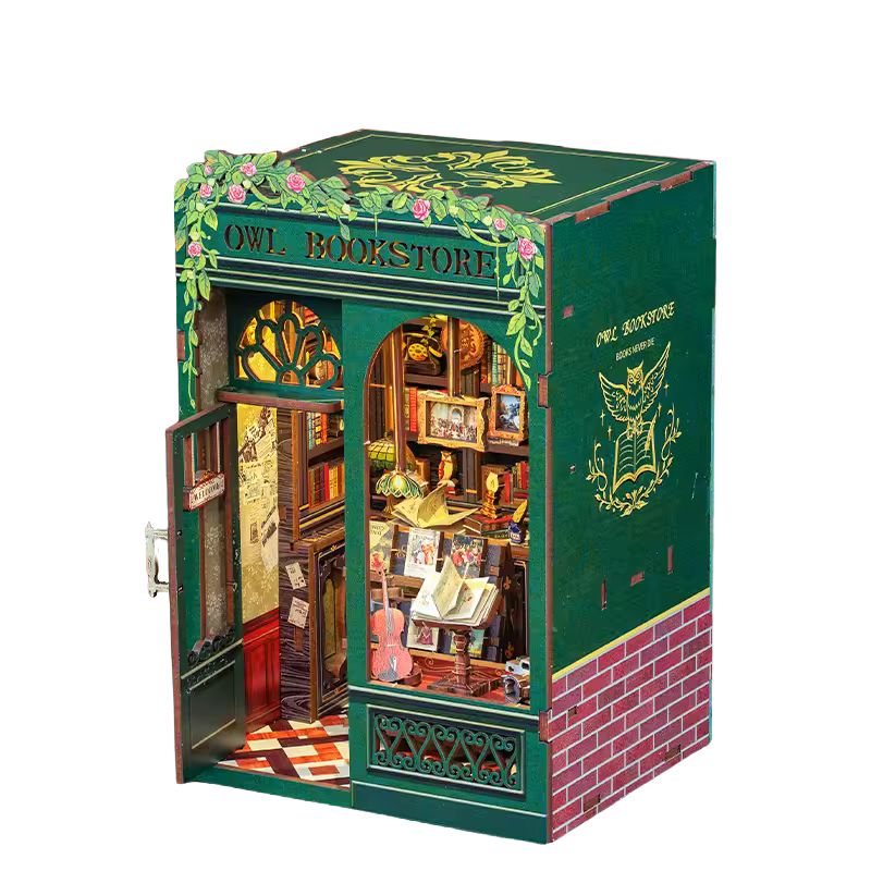 DIY Owl Bookstore Miniature Wooden Book Nook Kit with Lights