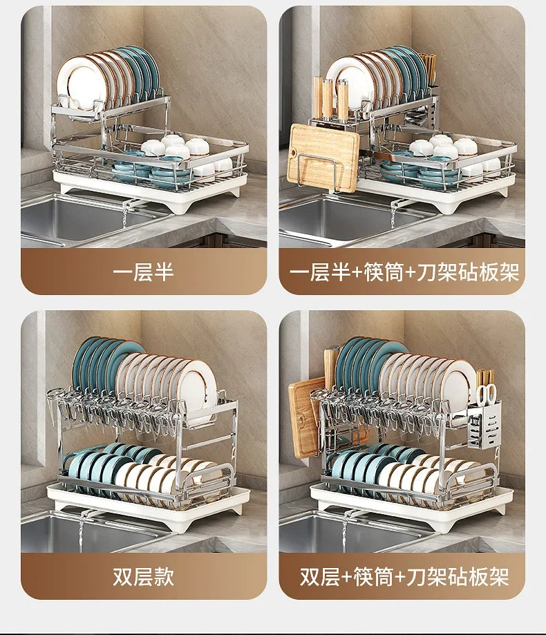 Kitchen Home Countertop Adjustable 2 Tier Stainless Steel Dish Drying Rack Plates Bowl Organizer Drainer Storage Rack Utensils