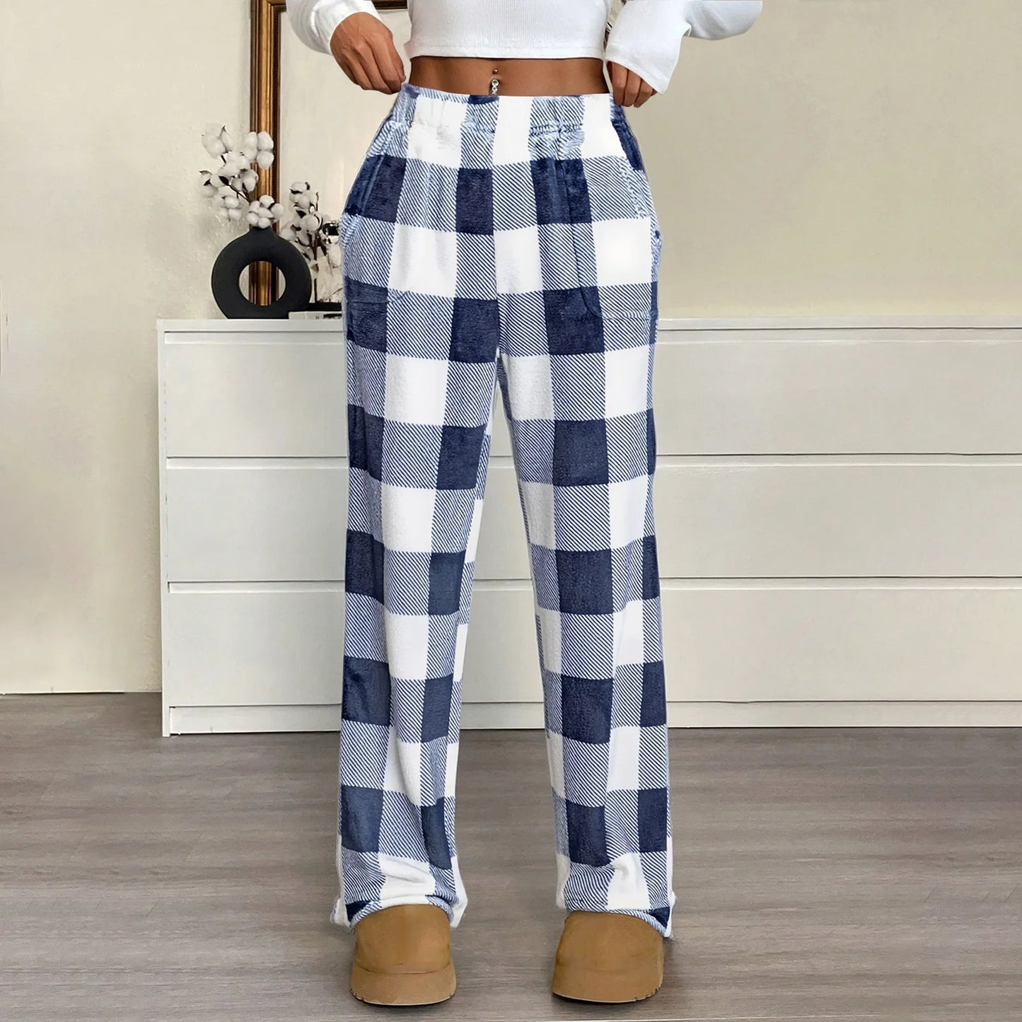 Elastic Waist Wide Leg Nightwear Trousers Fashion Plaid Long Pajama Pants Leisure Comfy Winter Warm Loungewear for Lady 2025