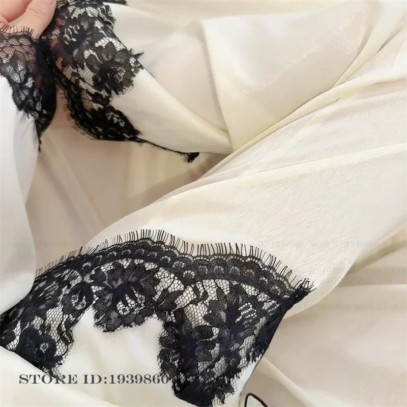 Elegant Female Long Sleeve Pajamas Set Lounge Wear Sexy Patchwork Lace Sleepwear Pijama Suit Loose Silk Satin Nightwear Pyjama
