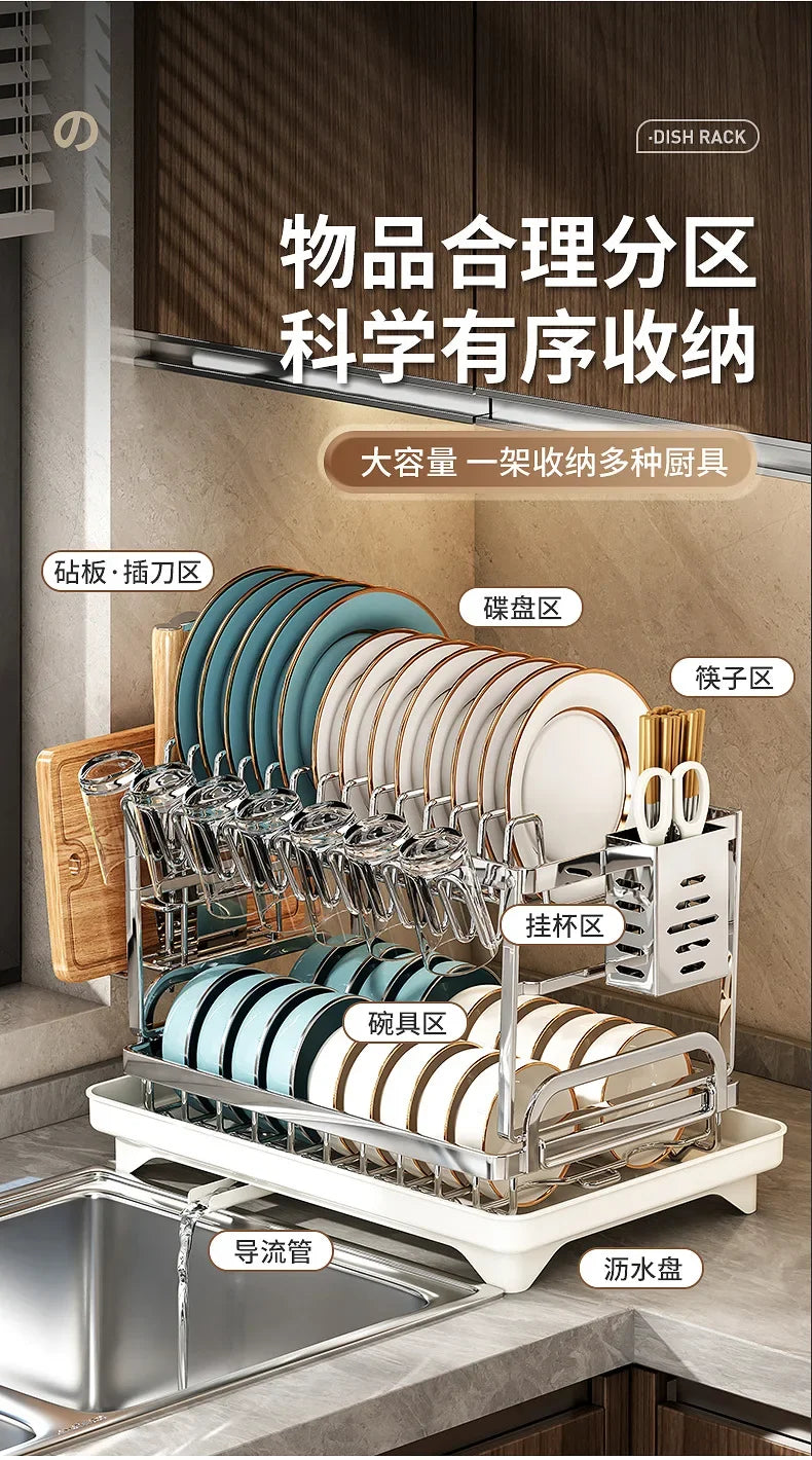 Kitchen Home Countertop Adjustable 2 Tier Stainless Steel Dish Drying Rack Plates Bowl Organizer Drainer Storage Rack Utensils