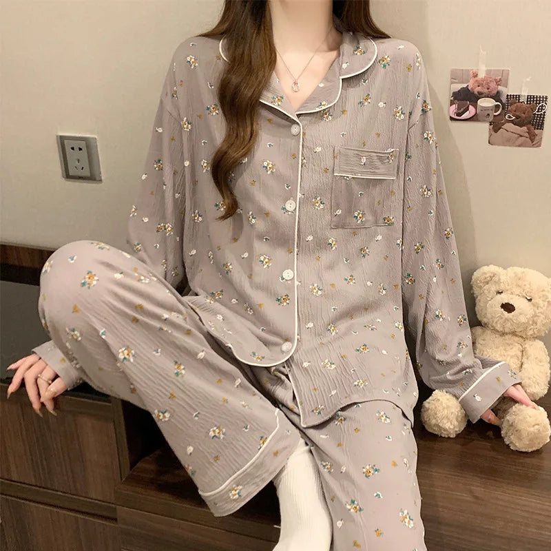 Spring and Autumn New Women's Pajamas Loungewear Set Girl Love Cardigan Pajamas Crinkled Fabric Loungewear Long Sleeve Set
