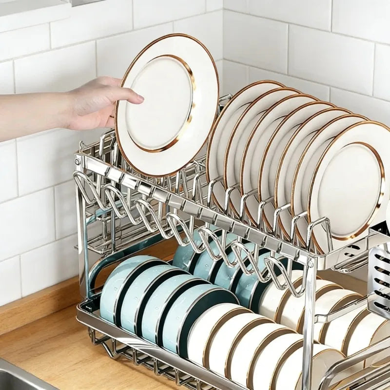 Kitchen Home Countertop Adjustable 2 Tier Stainless Steel Dish Drying Rack Plates Bowl Organizer Drainer Storage Rack Utensils