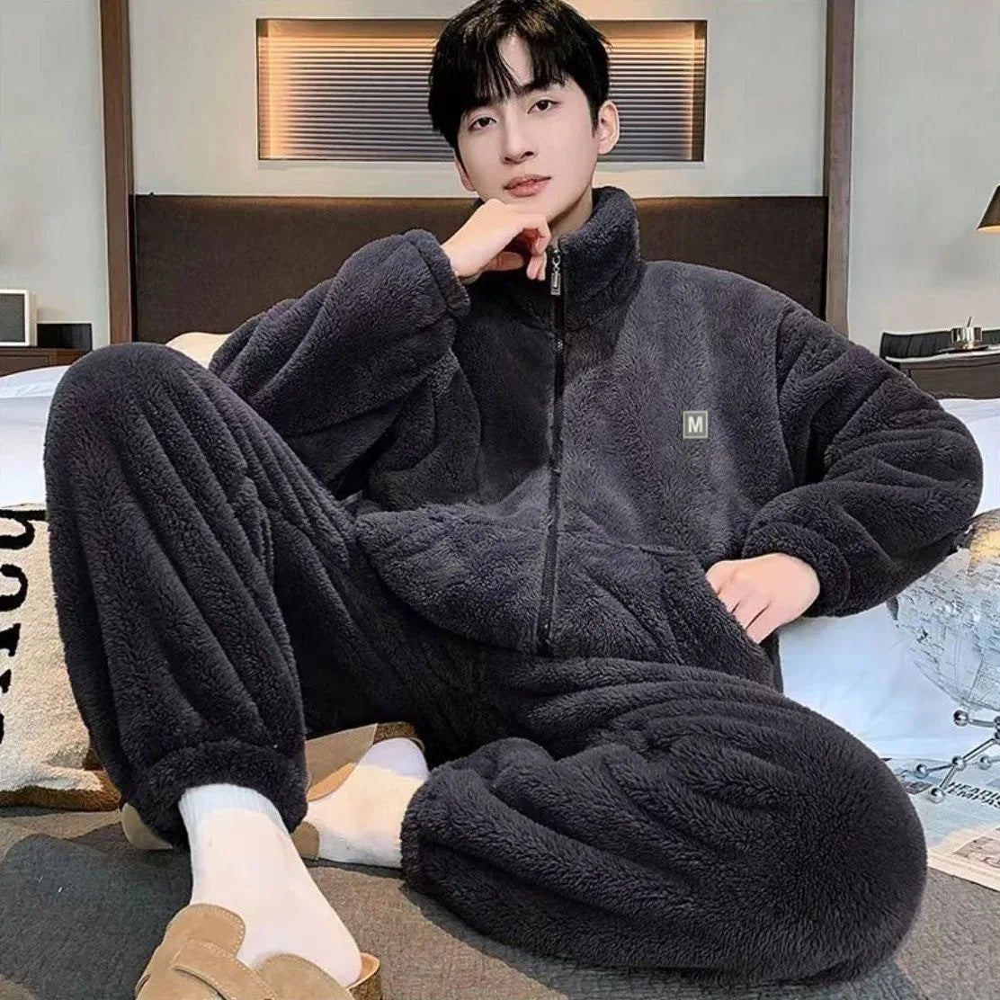 New Men's High Neck Large Size Loose Plush Loungewear Autumn and Winter Thick Warm Flannel Pajamas Can Worn Outside Coral Fleece
