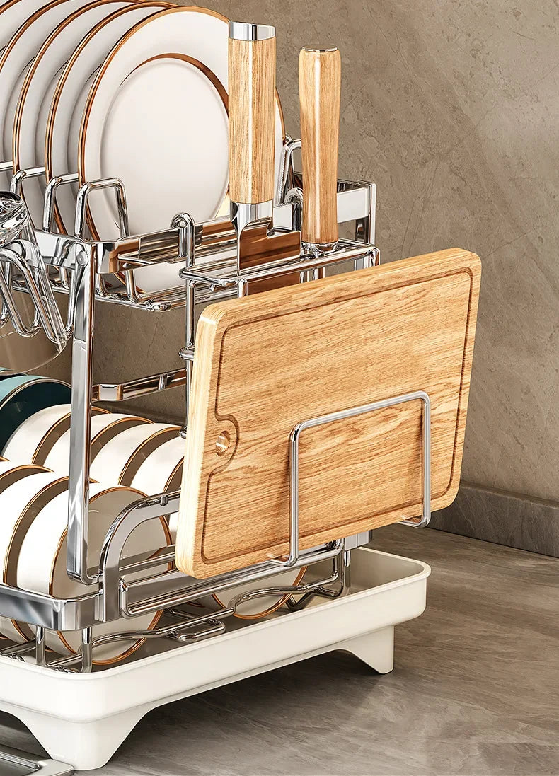 Kitchen Home Countertop Adjustable 2 Tier Stainless Steel Dish Drying Rack Plates Bowl Organizer Drainer Storage Rack Utensils