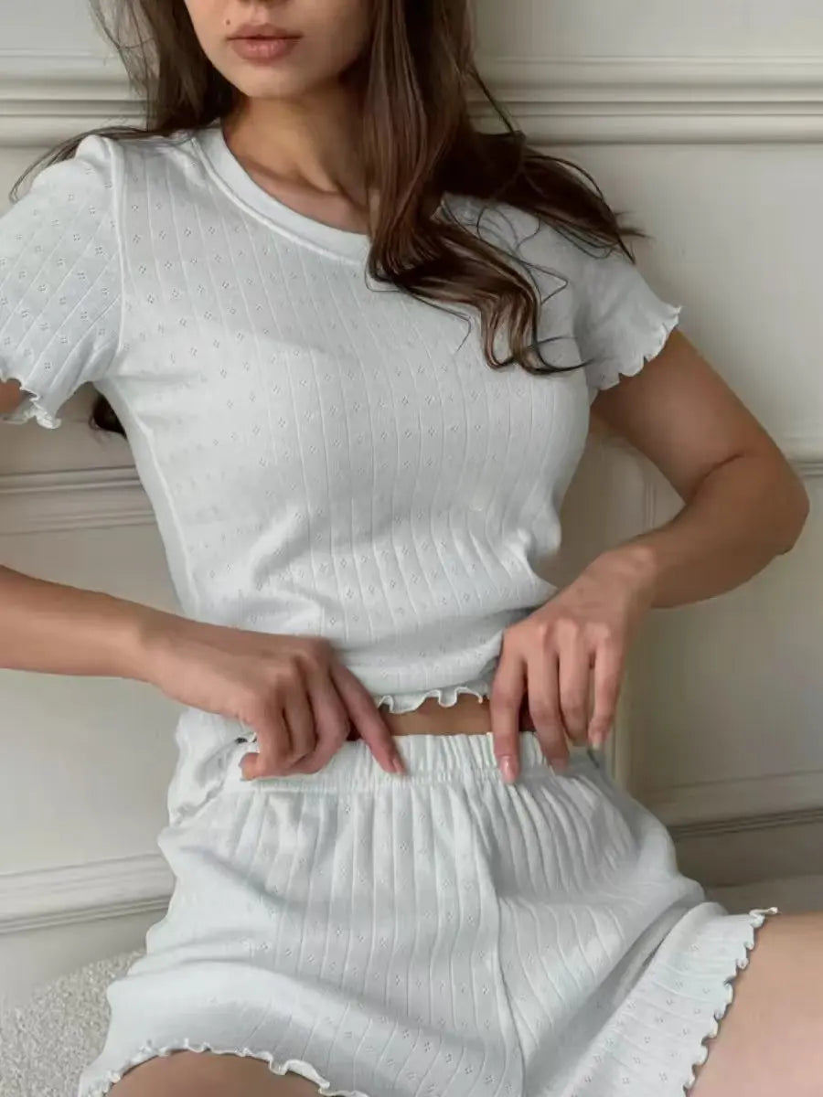 American-Style Fashion Women's Loungewear Set Jacquard Lace Trim Slim-Fit Elegant Homewear Short-Sleeved Top and Shorts Set