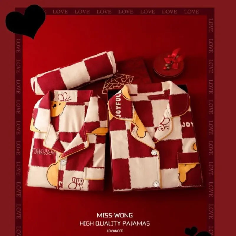 Red Cartoon Pajama Plaid Patchwork Lapel Winnie the Pooh Casual Home Suit Set Women Sets Women's Sleep Lounge Underwear
