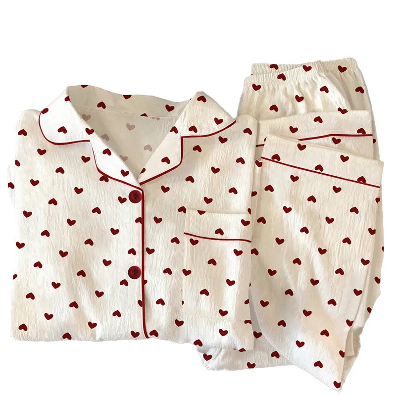 Spring and Autumn New Women's Pajamas Loungewear Set Girl Love Cardigan Pajamas Crinkled Fabric Loungewear Long Sleeve Set