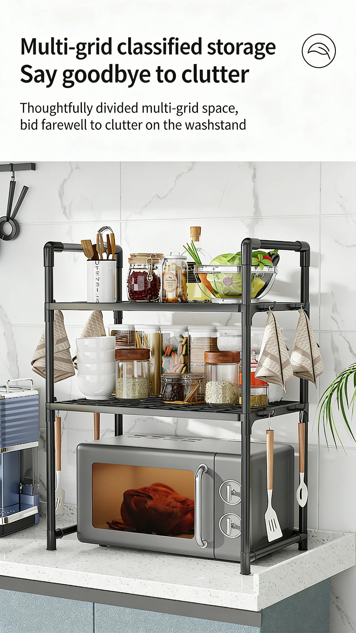 Kitchen Storage Rack Kitchen counter shelf Microwave Shelf Condiment Organizer Shelf Simple Countertop Tidying Shelves with Hook