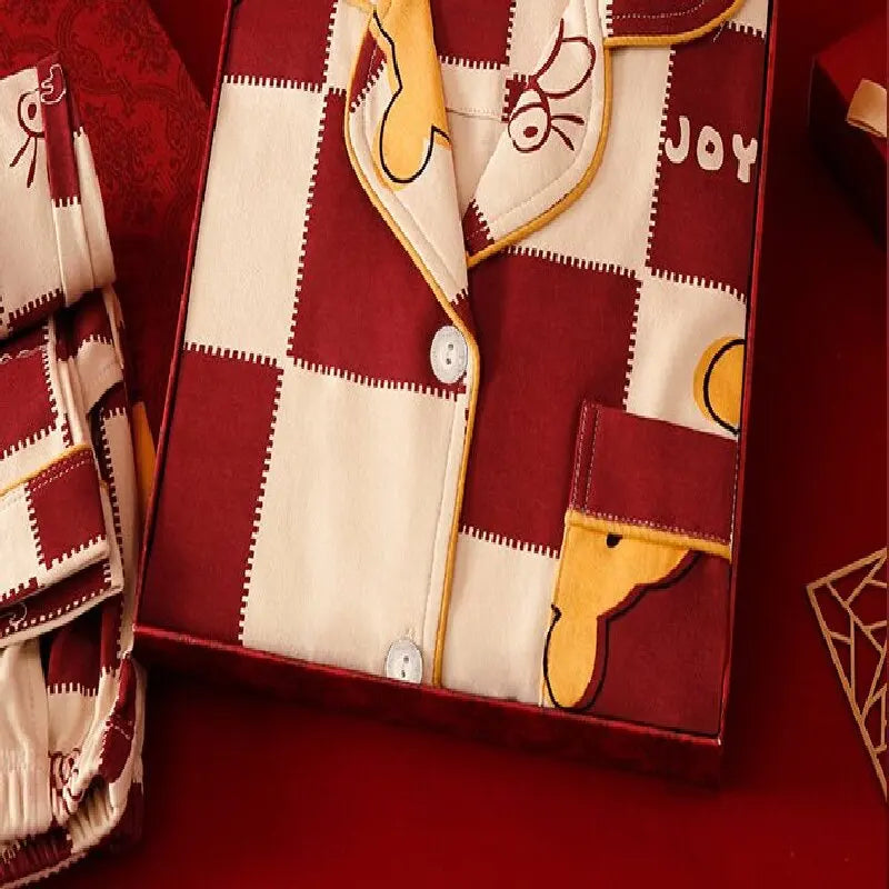 Red Cartoon Pajama Plaid Patchwork Lapel Winnie the Pooh Casual Home Suit Set Women Sets Women's Sleep Lounge Underwear