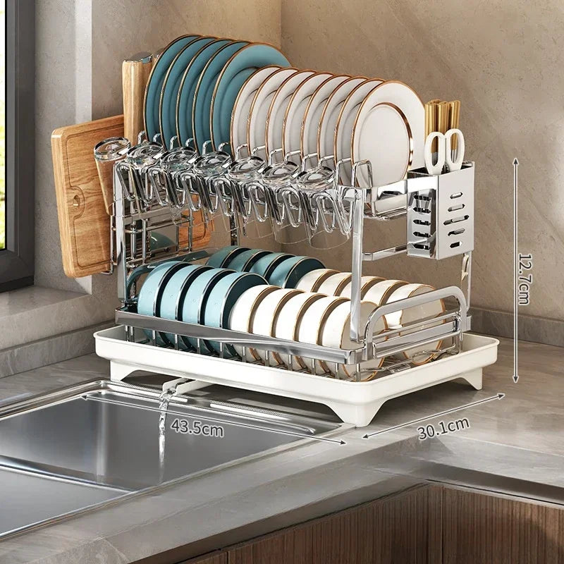 Kitchen Home Countertop Adjustable 2 Tier Stainless Steel Dish Drying Rack Plates Bowl Organizer Drainer Storage Rack Utensils