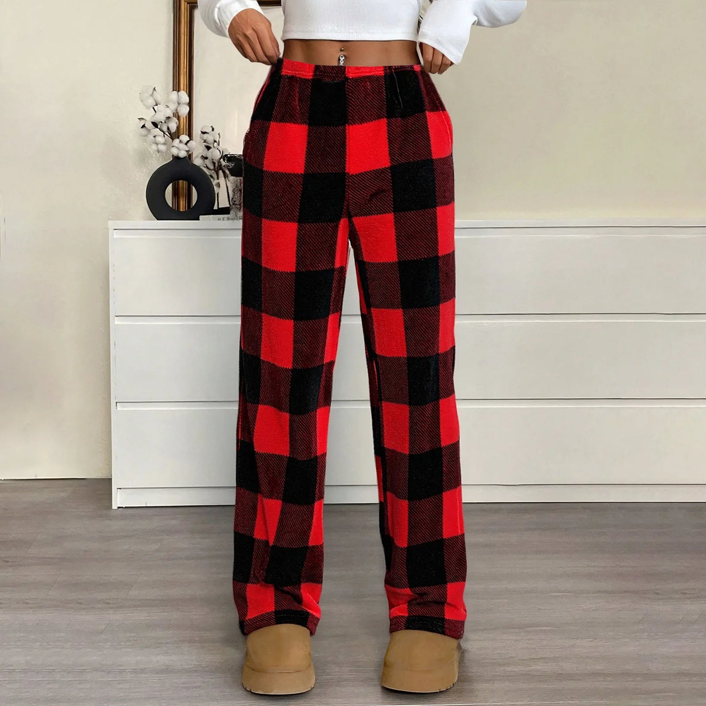 Elastic Waist Wide Leg Nightwear Trousers Fashion Plaid Long Pajama Pants Leisure Comfy Winter Warm Loungewear for Lady 2025