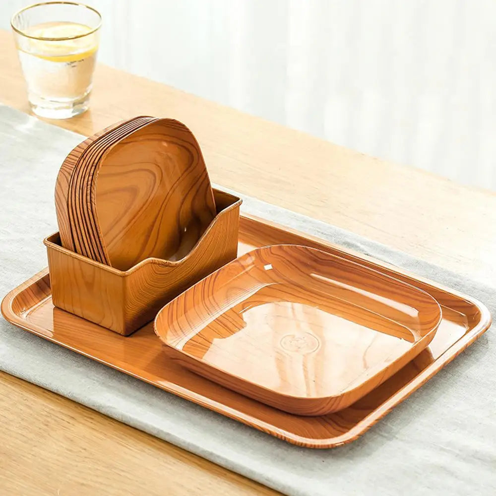 Kitchen Imitation Wood Grain Square Plate Japanese Simple Grain Dish Set For Tableware Kitchen Bowl Dish Dinnerware Cook Supplie