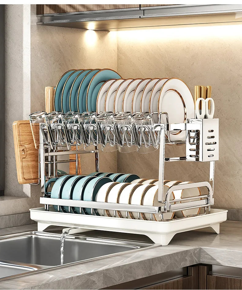 Kitchen Home Countertop Adjustable 2 Tier Stainless Steel Dish Drying Rack Plates Bowl Organizer Drainer Storage Rack Utensils