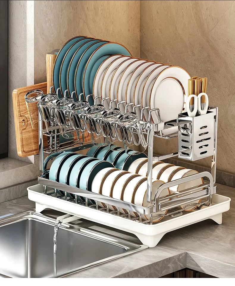 Kitchen Home Countertop Adjustable 2 Tier Stainless Steel Dish Drying Rack Plates Bowl Organizer Drainer Storage Rack Utensils