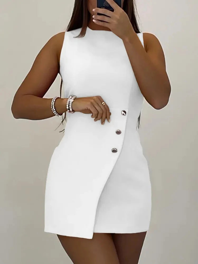 O-Neck Loungewear Mini Dress Women Summer 2024 Sleeveless Button Simple Solid Sweet Ladies Party Dress Streetwear Dropshipping