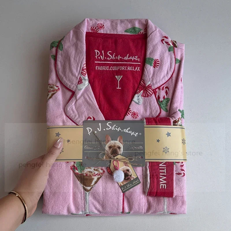 Cute Cartoon Sleepwear Long Sleeve Top Pant Soft Cotton Pajamas Suit 2Pcs Embroider Letter Homewear Lady Autumn Loungewear